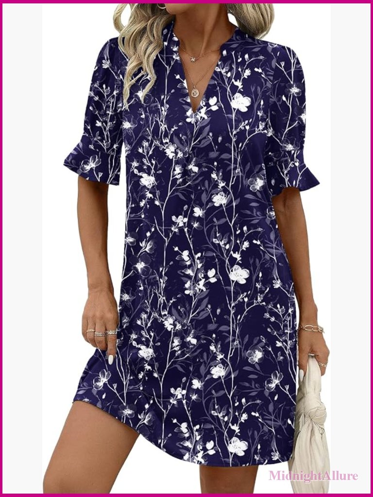 V Neck Ruffle Sleeve Shift Dress With Pockets
